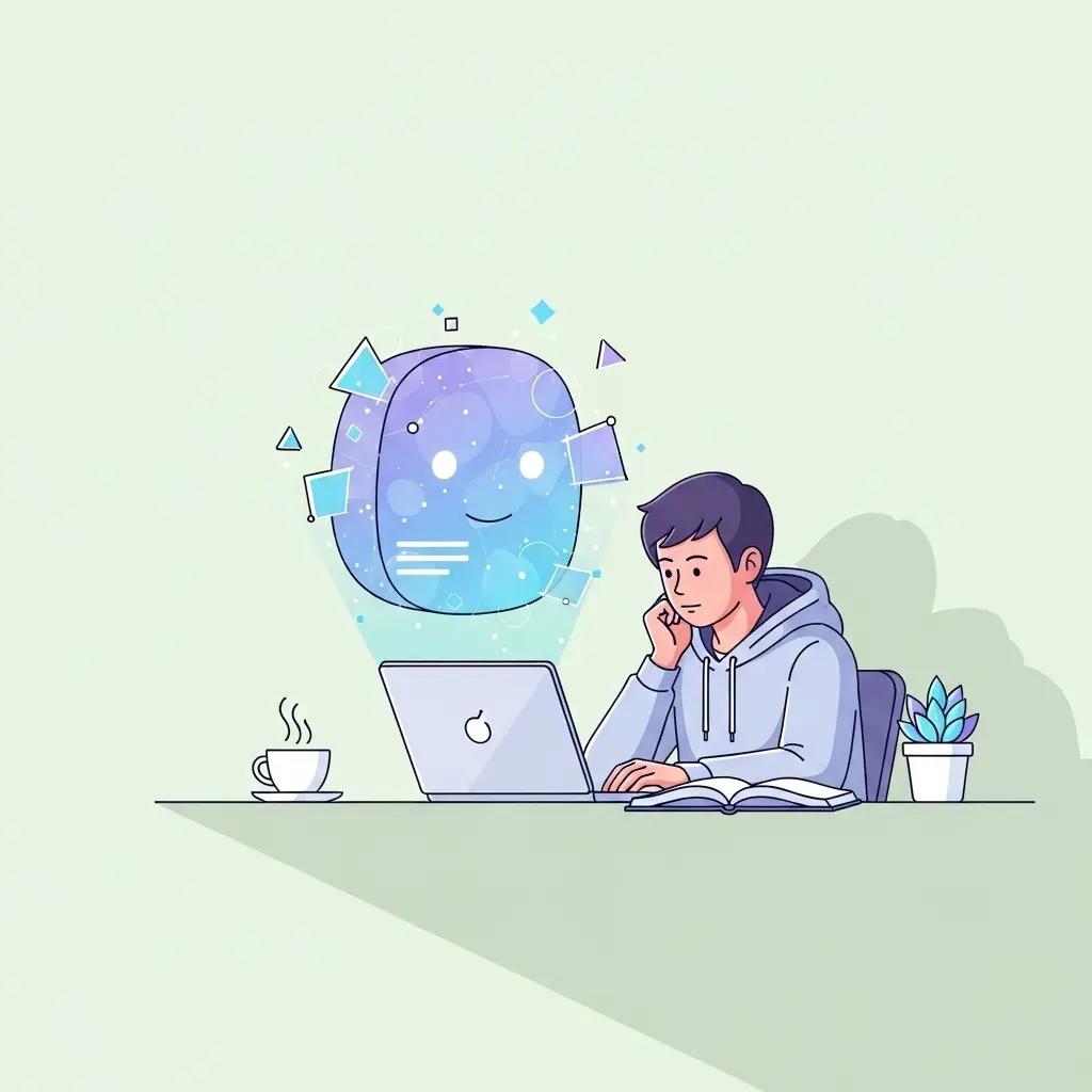 Doktorand arbeitet mit KI-Assistent zusammen am Laptop