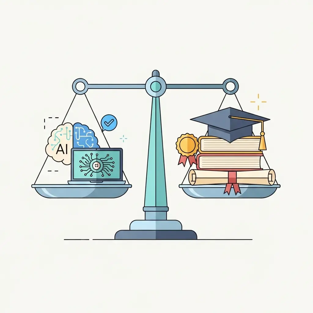 Balance zwischen KI-Unterstützung und akademischer Integrität visualisiert durch Waage