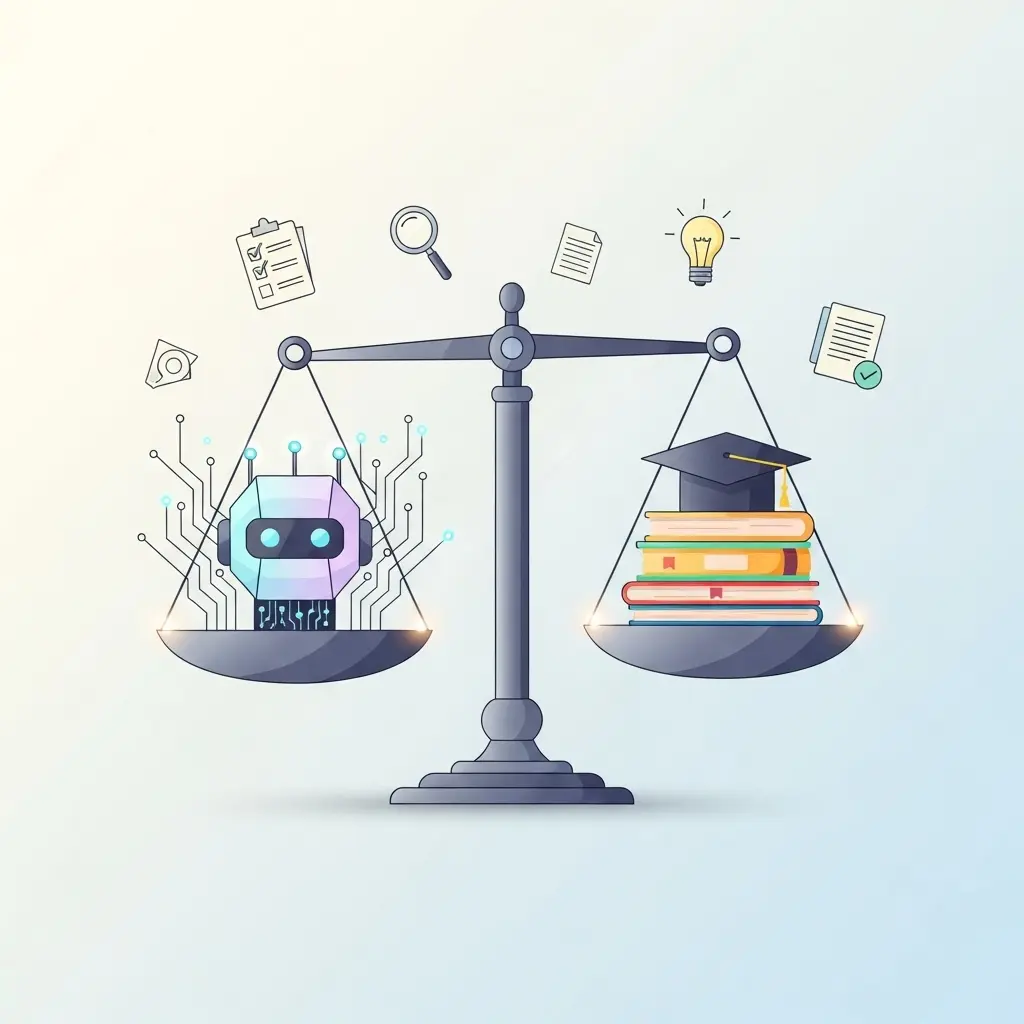 Waage zeigt Balance zwischen KI-Technologie und akademischer Integrität