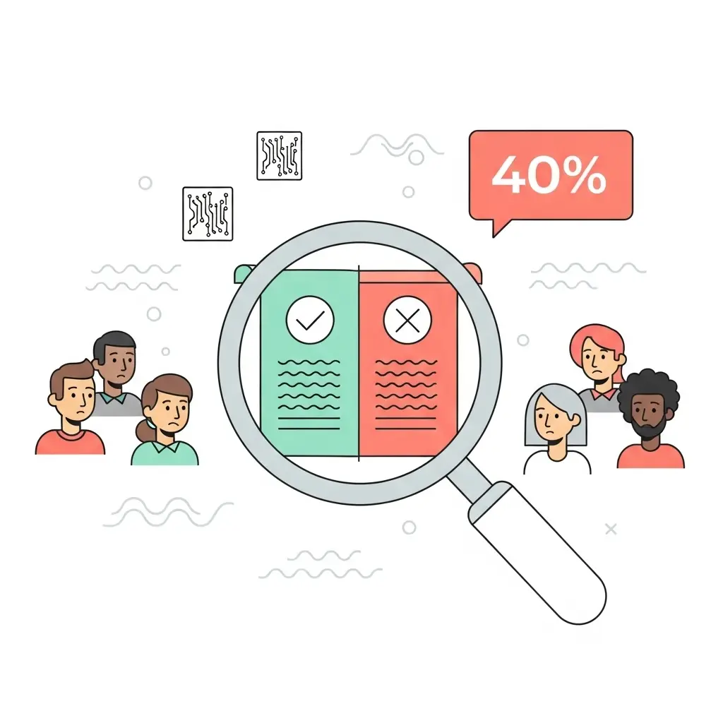 Lupe untersucht Dokument mit geteilter Ansicht – grün mit Häkchen und rot mit X, symbolisiert 40% Fehlerrate bei KI-Detektoren