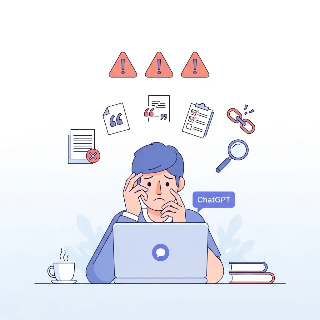 Student arbeitet besorgt am Laptop mit ChatGPT-Interface und Warnsymbolen