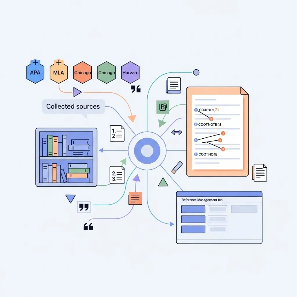 Organisiertes Zitationssystem mit verschiedenen Zitierstilen und Referenzmanagement-Tools für akademisches Schreiben
