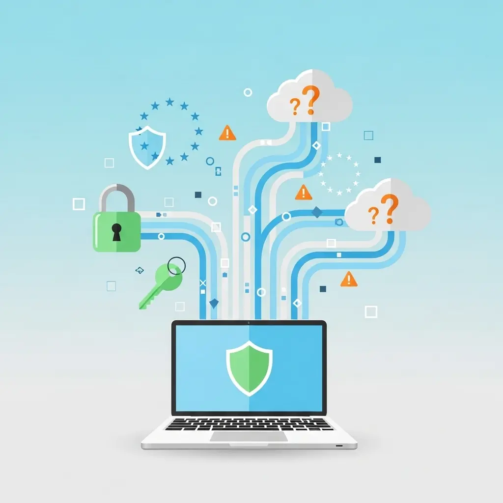 Laptop mit Schutzschild und Datenströmen symbolisiert Datenschutz