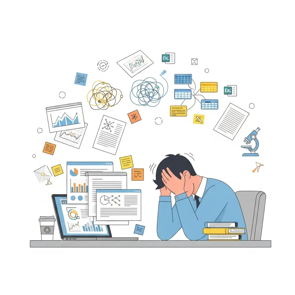 Frustrierter Doktorand umgeben von chaotischen Strukturierungsversuchen