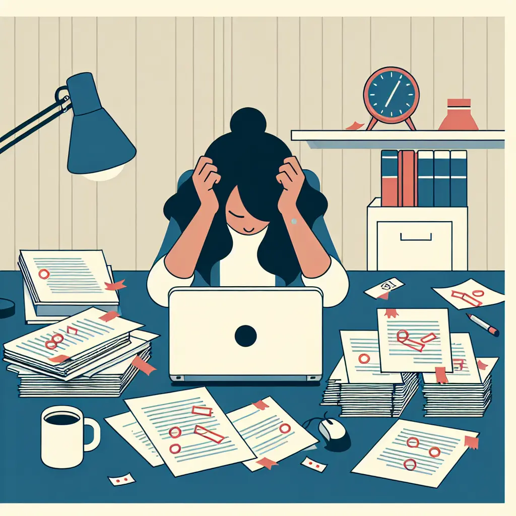 Verzweifelter Doktorand umgeben von Formatierungsrichtlinien