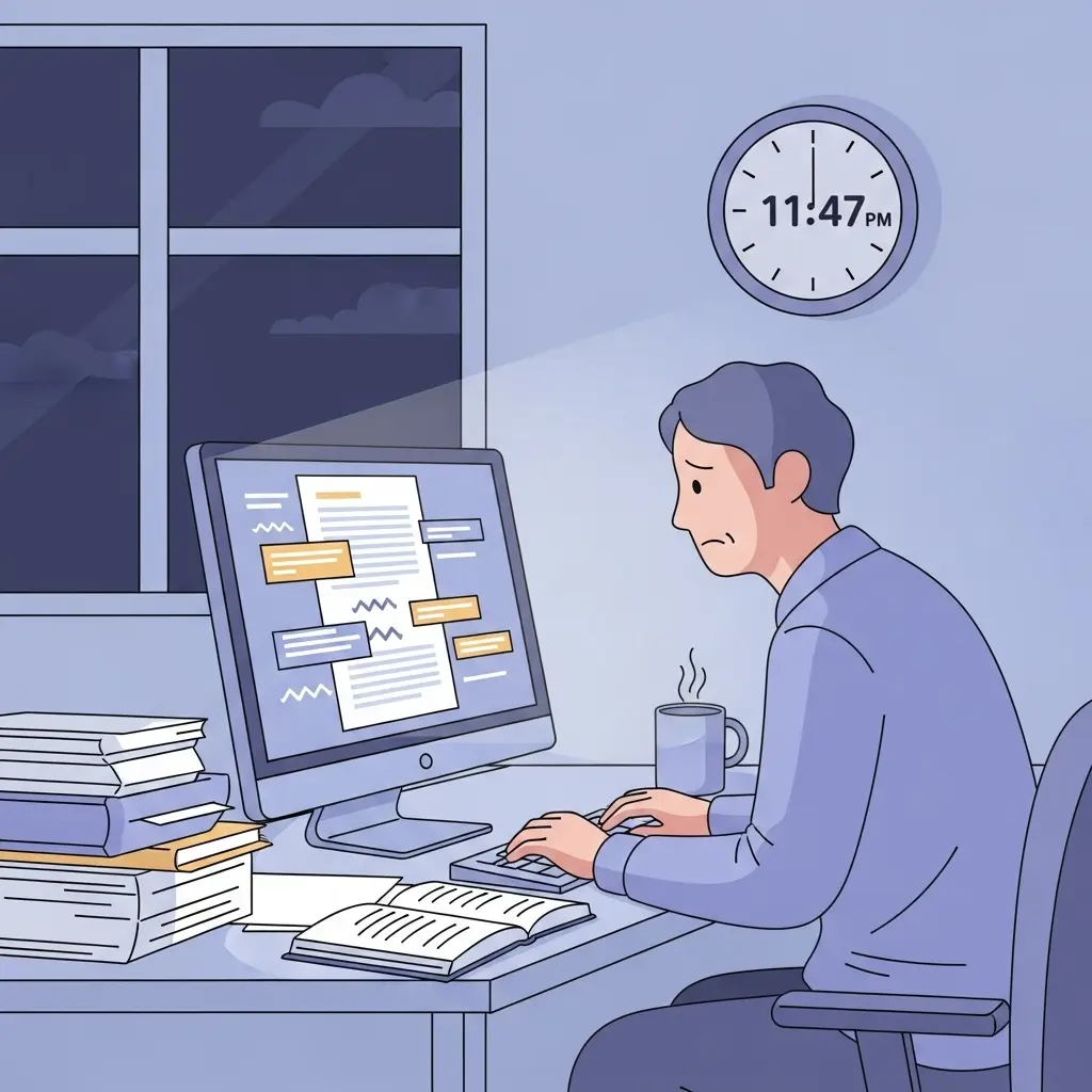 Gestresste Doktorandin vor dem Computer spät nachts mit Formatierungsproblemen