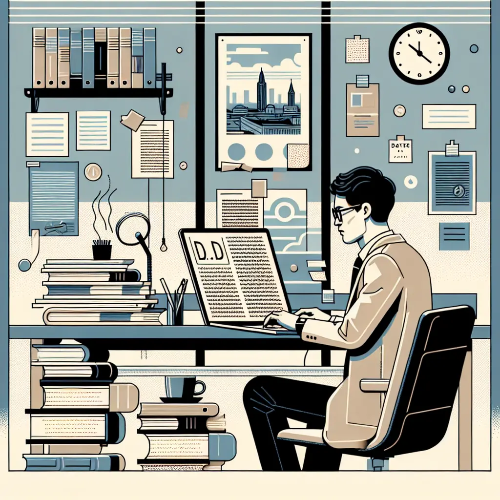 Doktorand arbeitet konzentriert am Laptop mit sichtbaren Formatierungsmarkierungen und Stress-Indikatoren