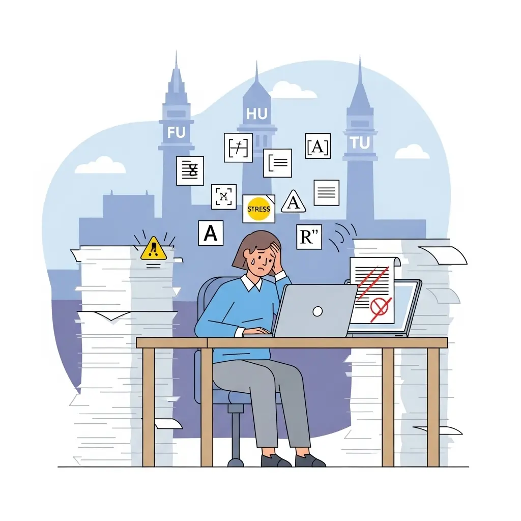 Gestresster Doktorand am Schreibtisch mit Formatierungssymbolen