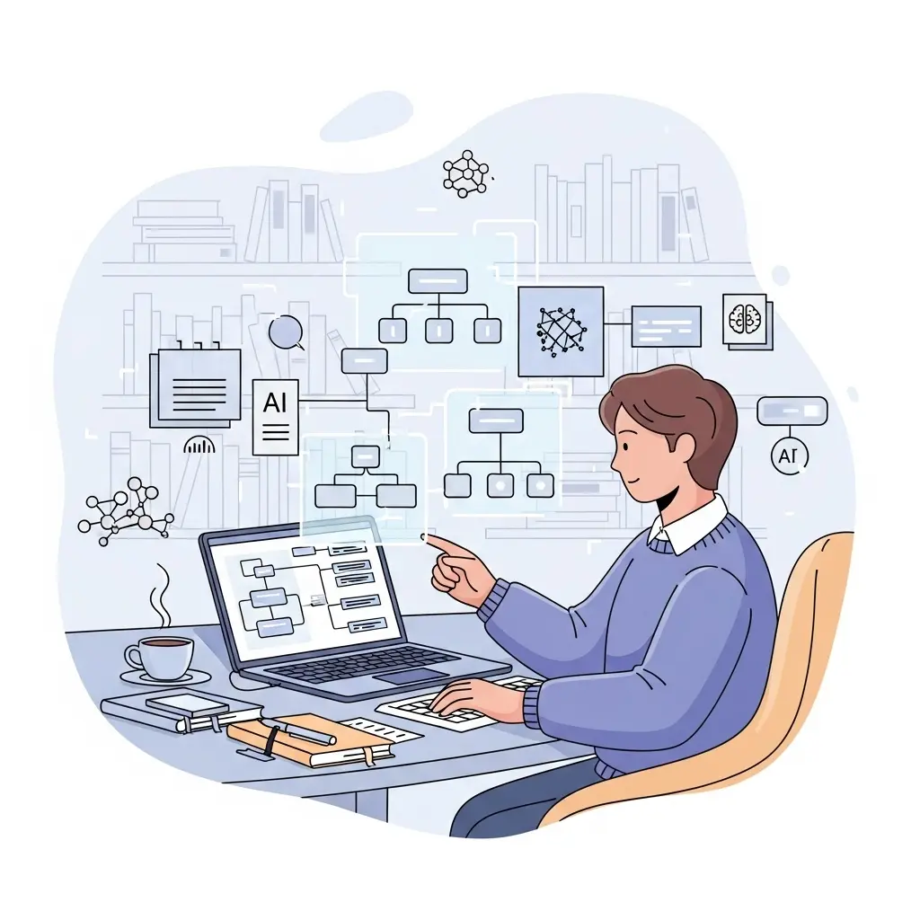 Doktorand arbeitet mit KI-gestützten Planungstools an einer strukturierten Dissertationsgliederung