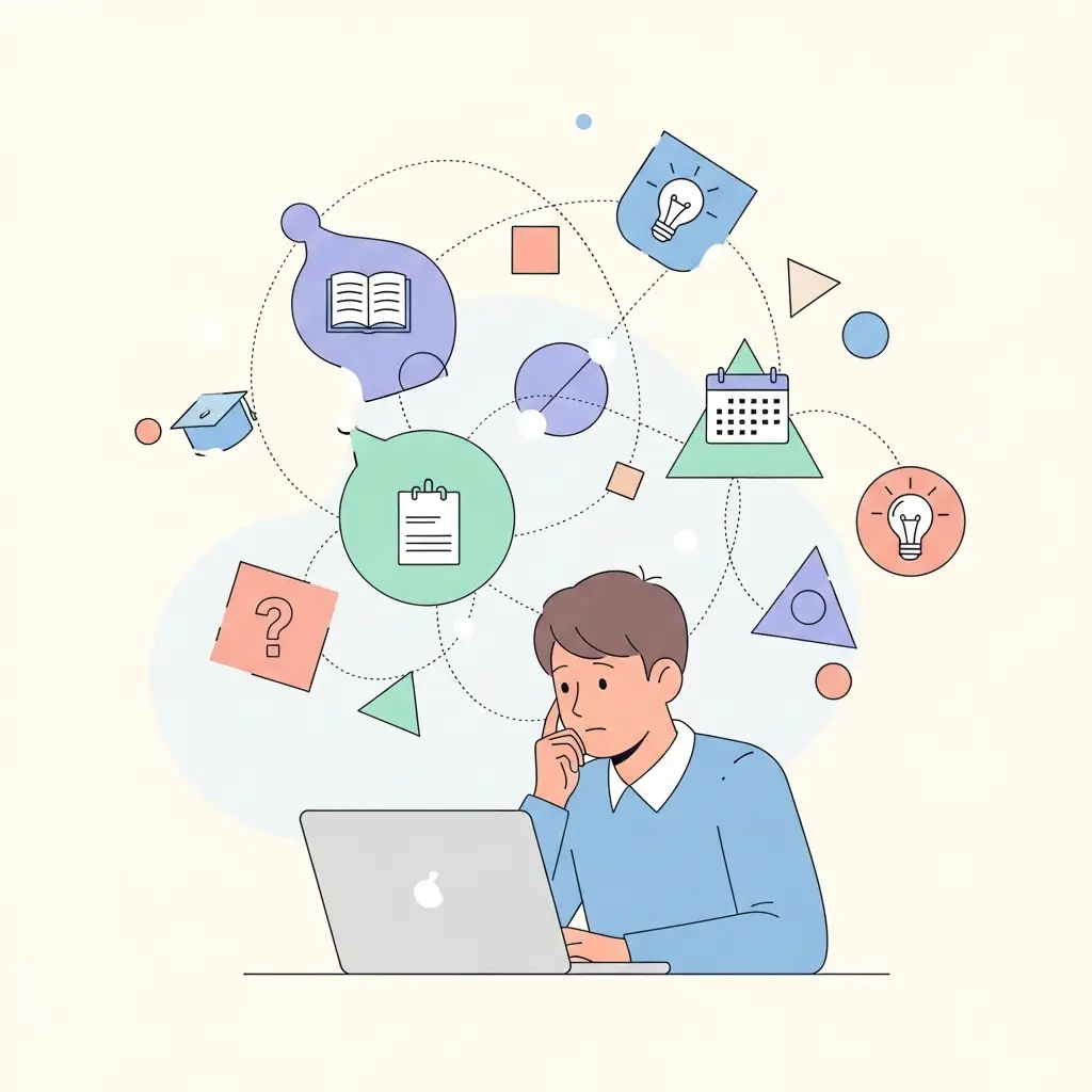 Doktorand am Schreibtisch umgeben von vernetzten Elementen, die die Komplexität der Dissertationsplanung symbolisieren