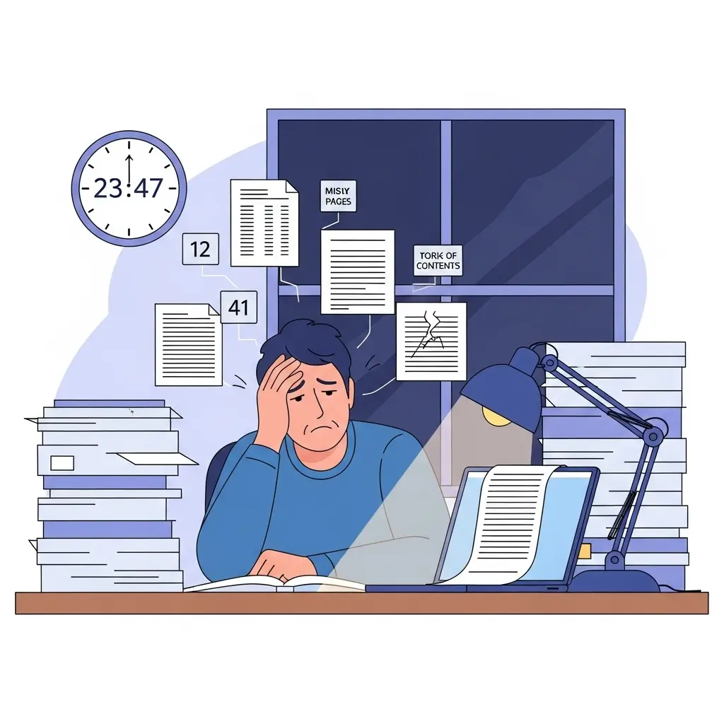 Gestresster Doktorand kämpft nachts mit Formatierungsproblemen der Dissertation