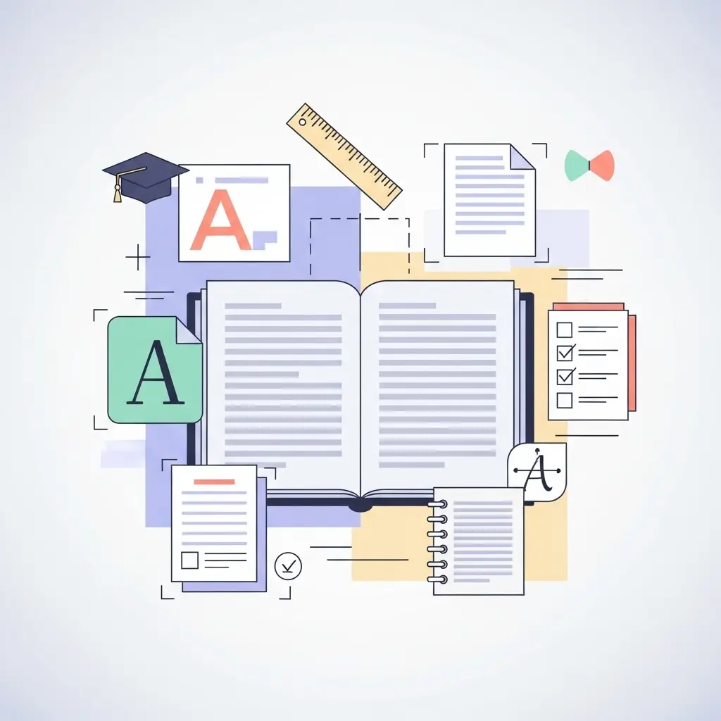 Visualisierung der verschiedenen Formatierungselemente einer Dissertation – von Schriftarten über Ränder bis zur Bindung