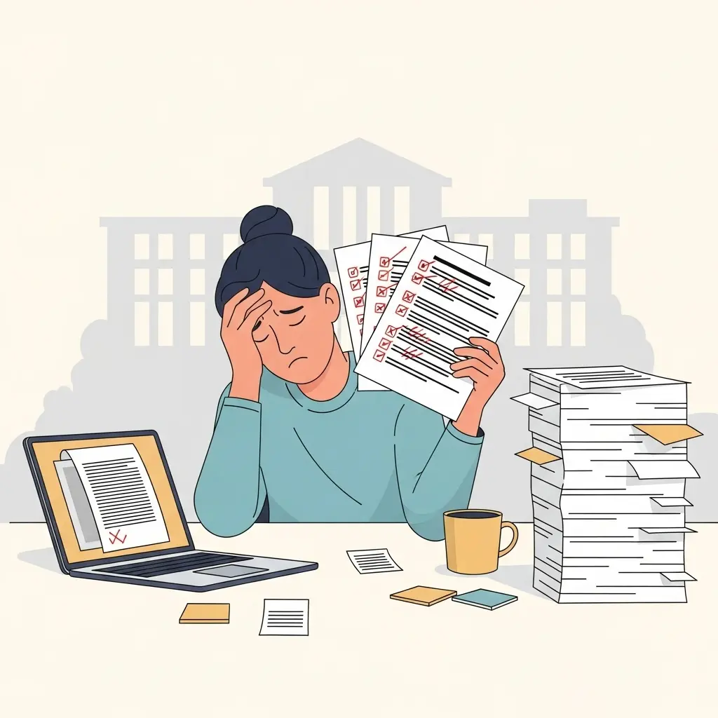 Gestresster Doktorand vor dem Laptop mit roten Korrekturmarkierungen auf Papieren