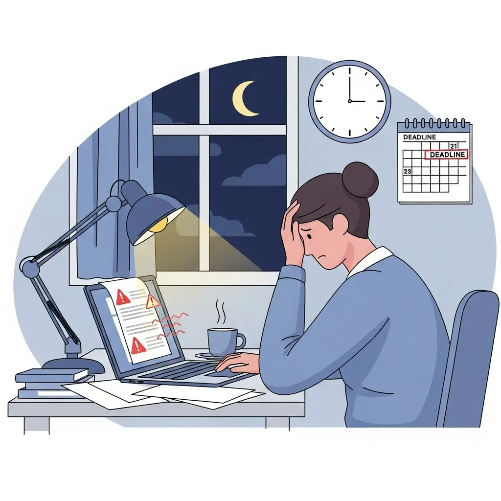 Gestresster Doktorand arbeitet spät nachts an Formatierungsfehlern