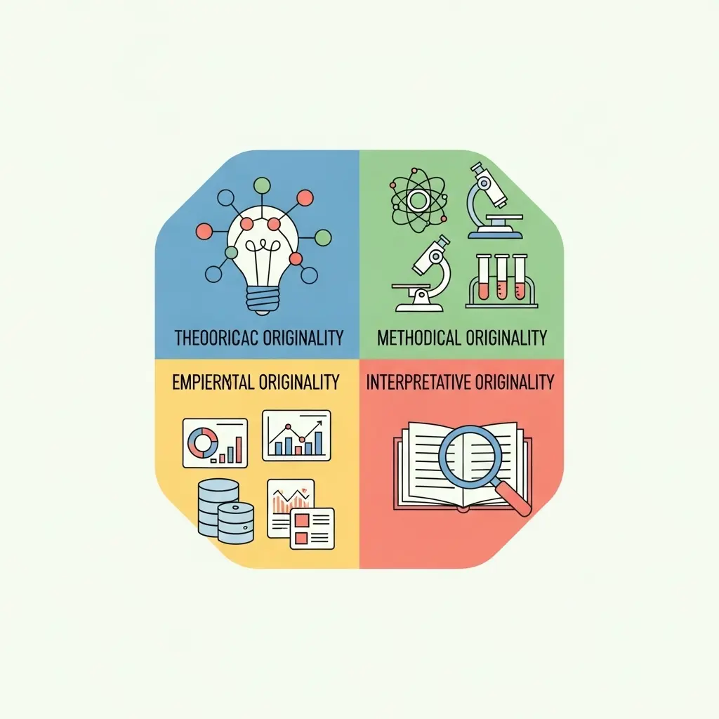 Die vier Dimensionen akademischer Originalität: theoretisch, methodisch, empirisch und interpretativ dargestellt in einem visuellen Modell