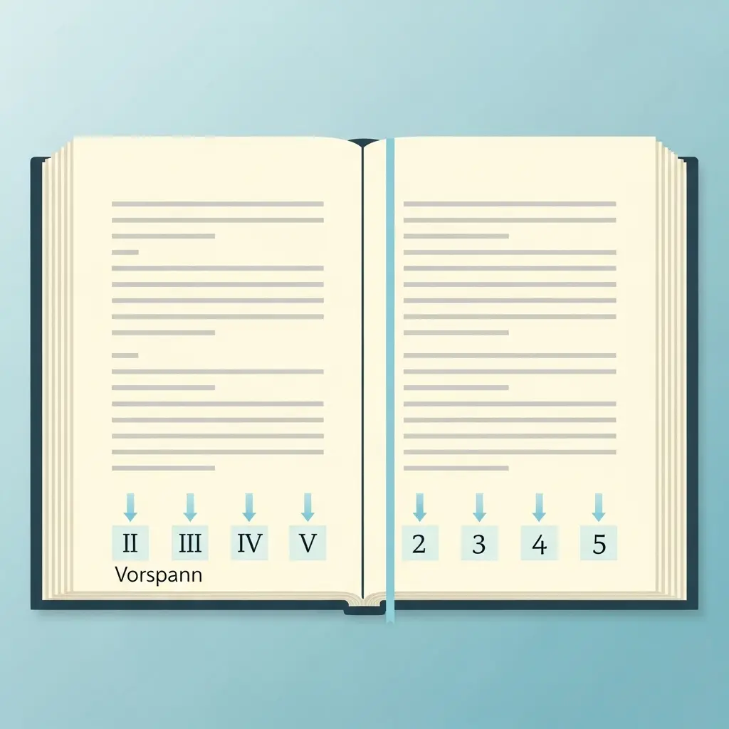 Illustration der korrekten Seitennummerierung mit römischen und arabischen Ziffern