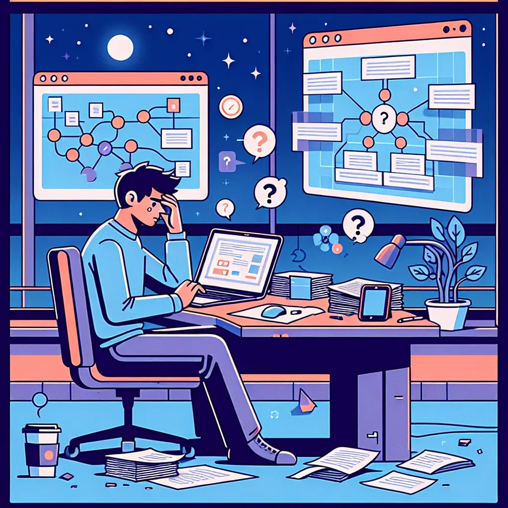 Doktorand um 3 Uhr morgens beim Strukturieren der Dissertation mit KI-Tools