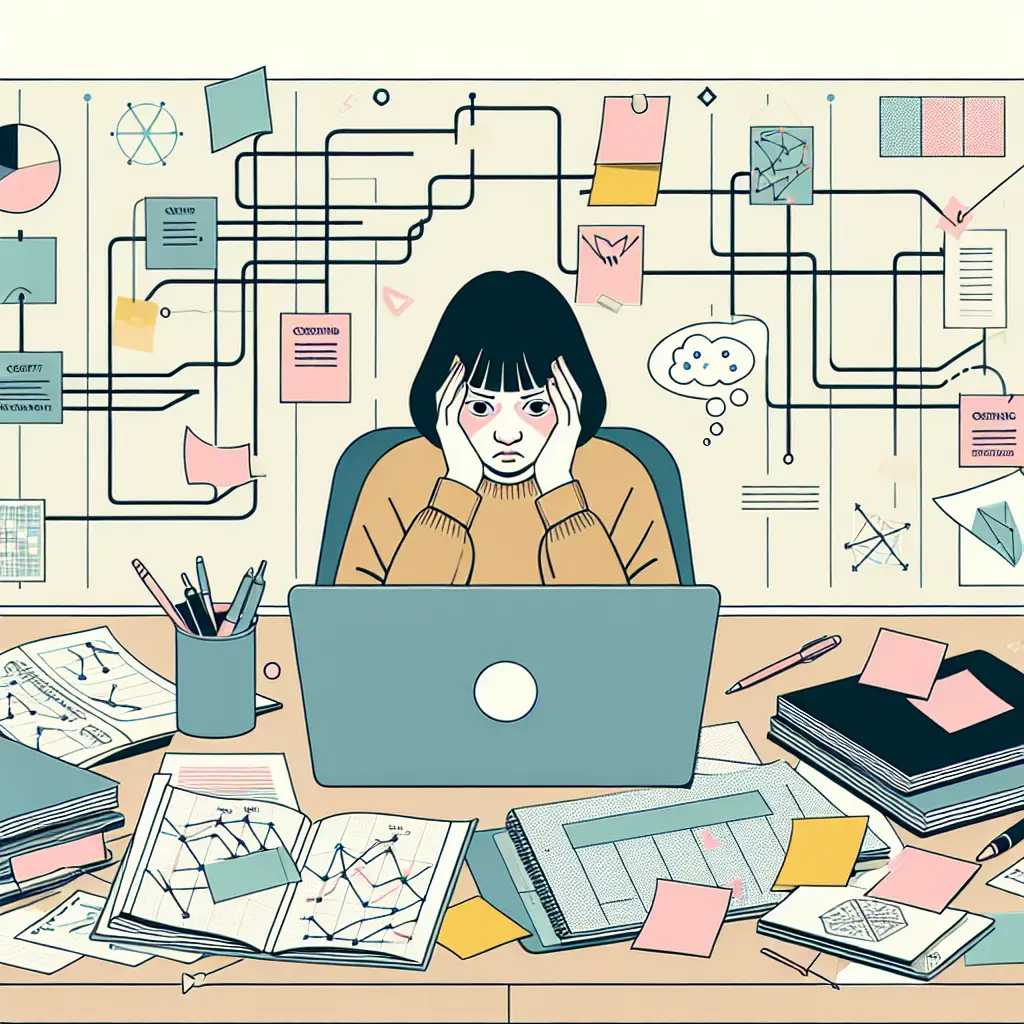 Gestresster Doktorand umgeben von chaotischen Planungsmaterialien und überfordernden Gantt-Charts
