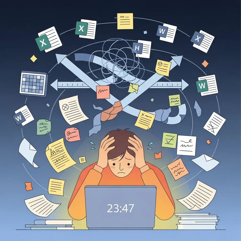 Doktorand arbeitet nachts am Laptop umgeben von chaotischen Notizen und Dokumenten