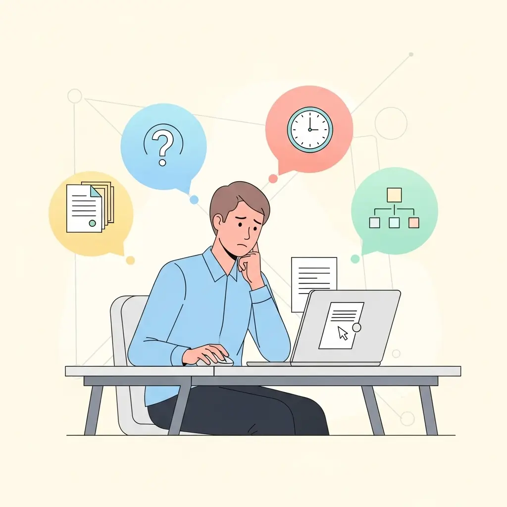 Doktorand vor leerem Dokument mit umherschwebenden Gedankenblasen zu Forschungsfragen, Zeitmanagement und Struktur