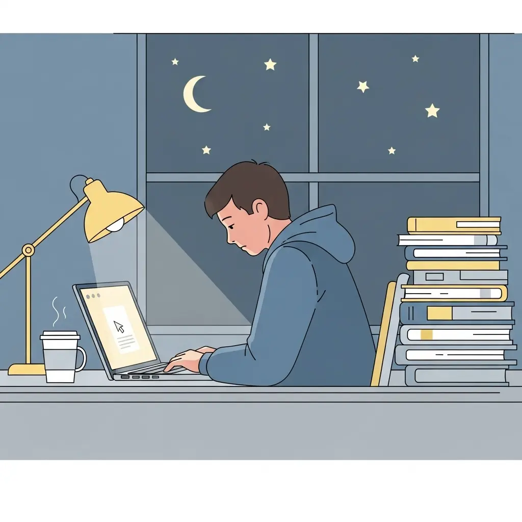 Erschöpfter Doktorand arbeitet spätabends an seiner Dissertation