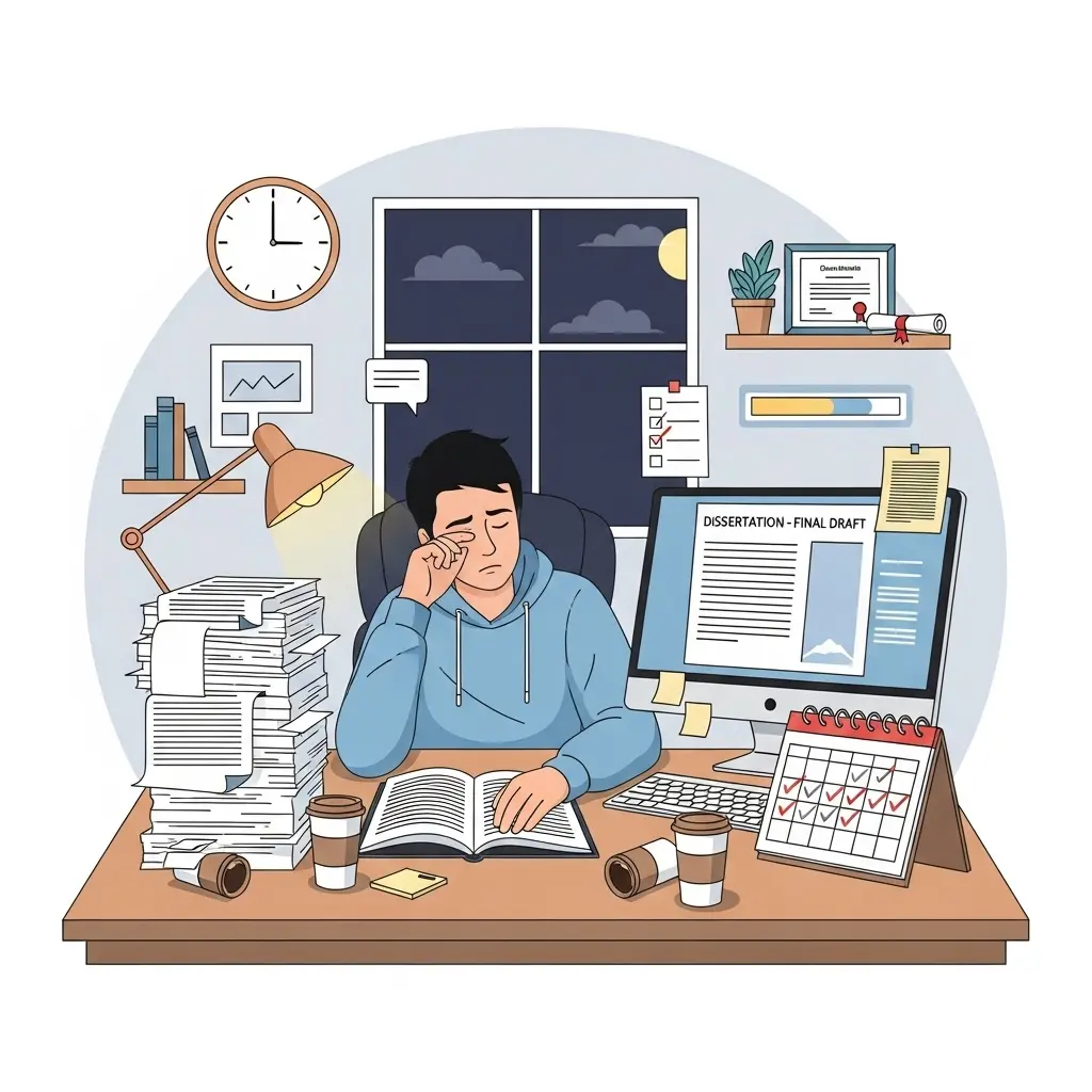 Erschöpfter Doktorand in der finalen Phase der Dissertation