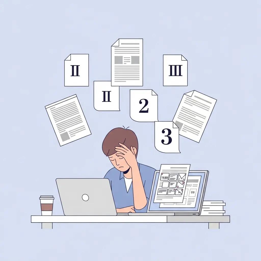 Gestresste Doktorandin vor Laptop mit Formatierungsproblemen bei der Dissertation