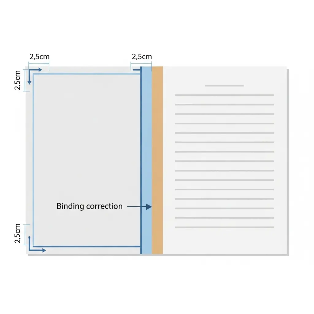 Visualisierung der Bindungskorrektur bei Dissertationen mit Darstellung der Standard-Seitenränder und zusätzlichem Platz für die Buchbindung