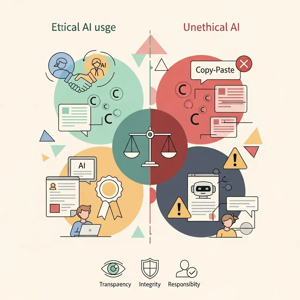 Gegenüberstellung von ethischer und unethischer KI-Nutzung im akademischen Schreiben mit klaren Unterscheidungsmerkmalen