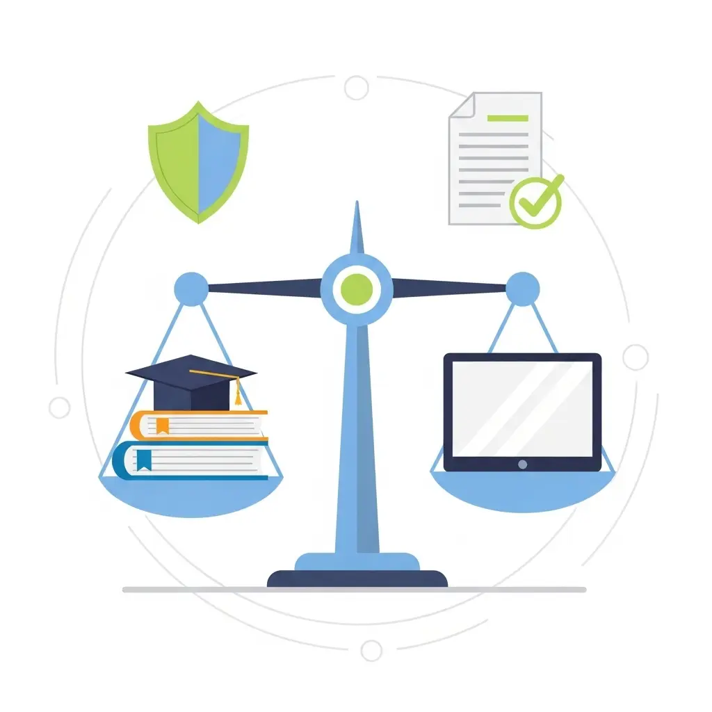 Symbolische Waage zwischen akademischer Integrität und technologischen Hilfsmitteln