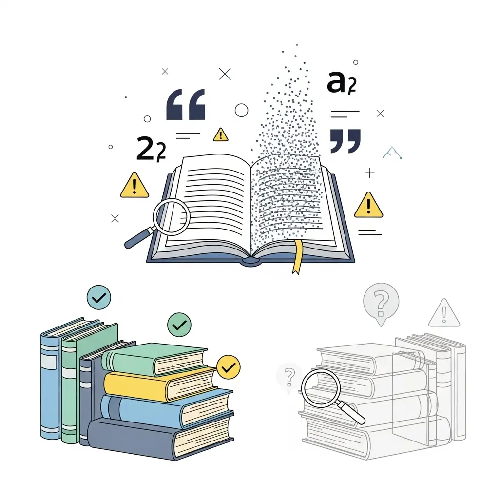 Stapel Bücher mit verschwindenden Seiten symbolisiert erfundene Quellen