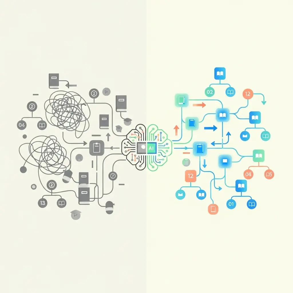 Vergleich zwischen chaotischer traditioneller Planung und organisierter KI-gestützter Strukturierung