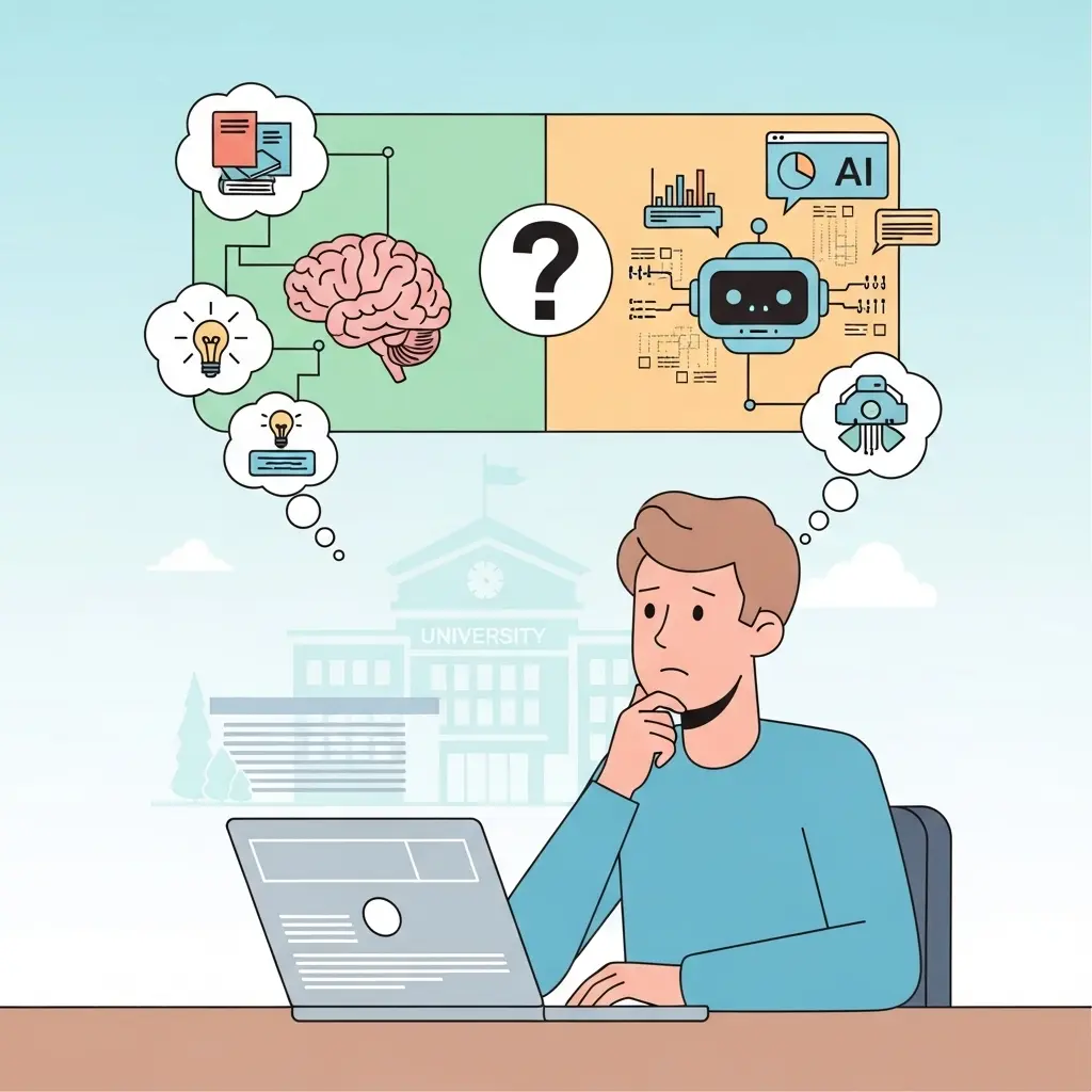 Student am Laptop mit Visualisierung von menschlichem Denken und KI-Nutzung