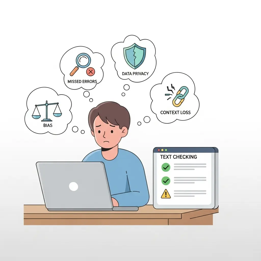 Illustration zeigt einen besorgten Studenten am Laptop mit Warnsymbolen über versteckte Risiken von KI-Textprüfung