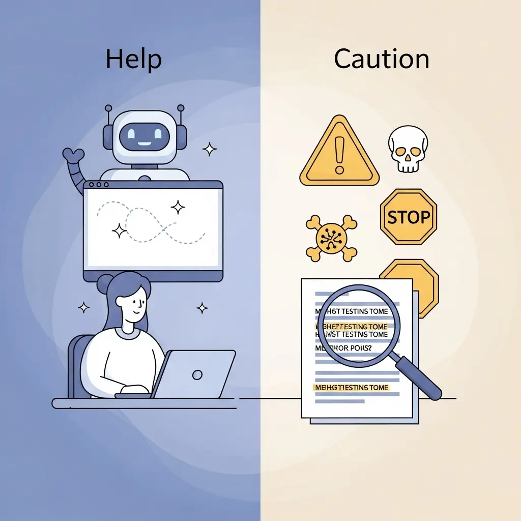 Illustration zeigt KI-Assistenten mit Hilfs- und Warnsymbolen – Vorsicht bei der Nutzung in Doktorarbeiten