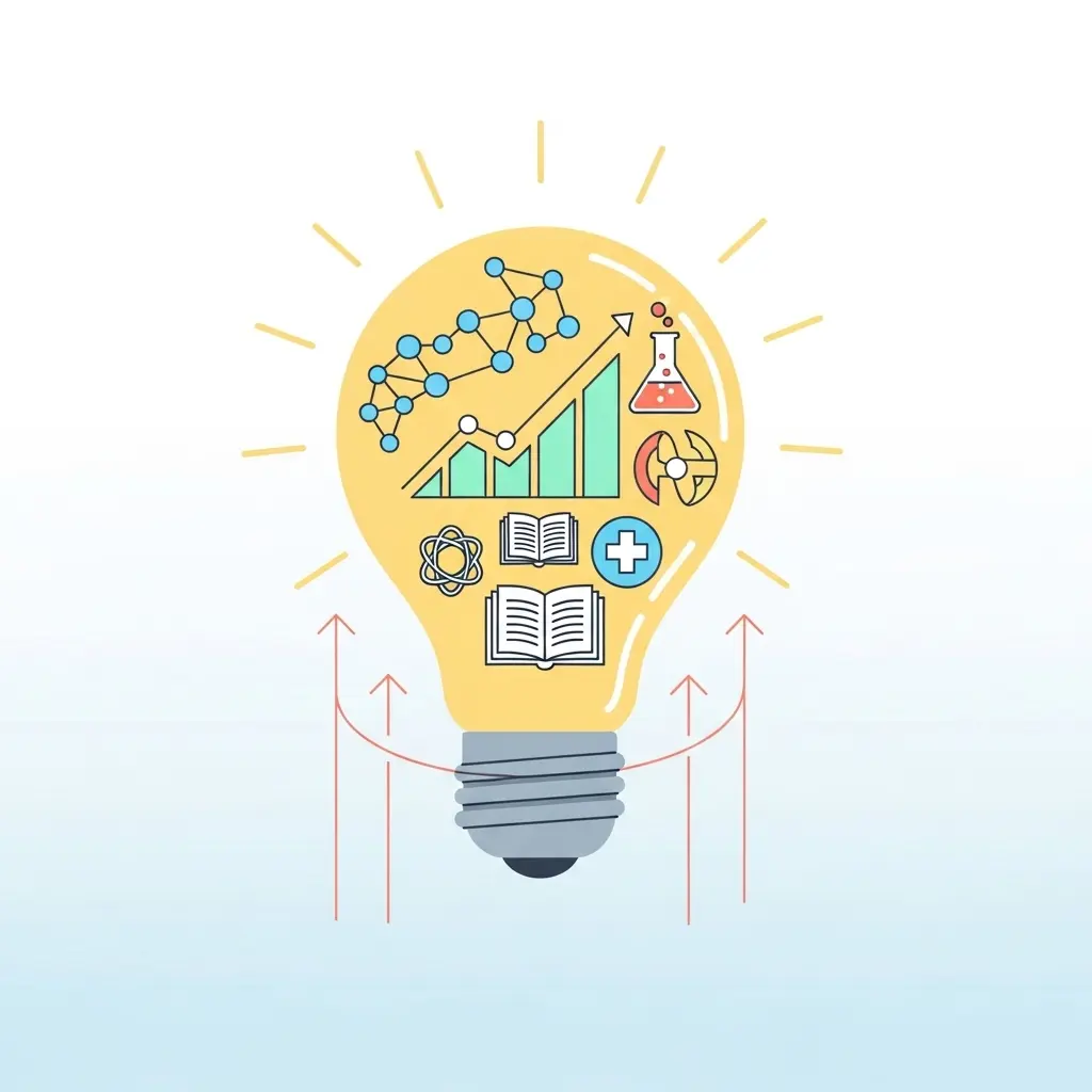 Symbolische Darstellung von Originalität und Innovation in der Forschung mit Glühbirne, Netzwerk und akademischen Symbolen