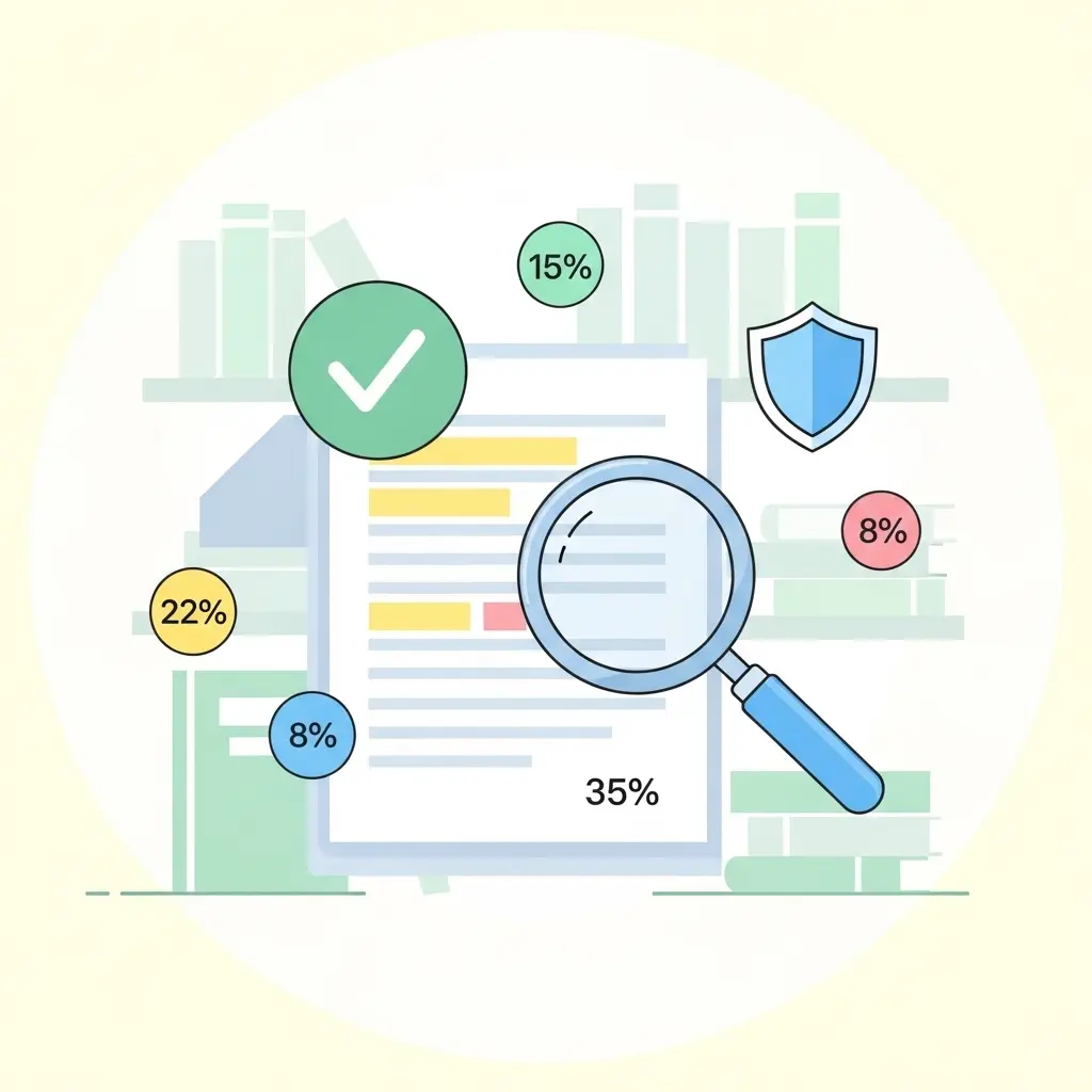 Plagiatscheck-Konzept mit Dokument, Lupe und Verifizierungssymbolen in sanften Pastellfarben