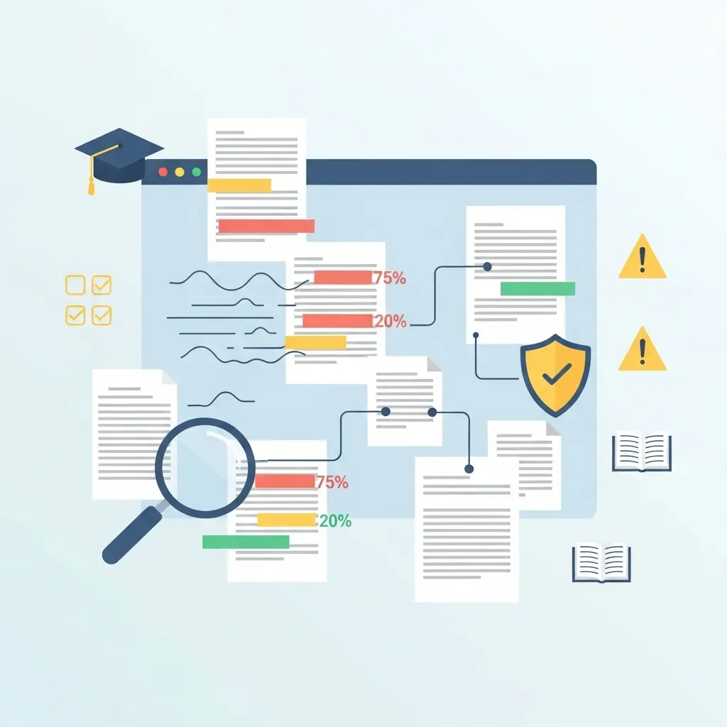 Visualisierung einer Plagiatssoftware-Oberfläche mit farblich markierten Textpassagen