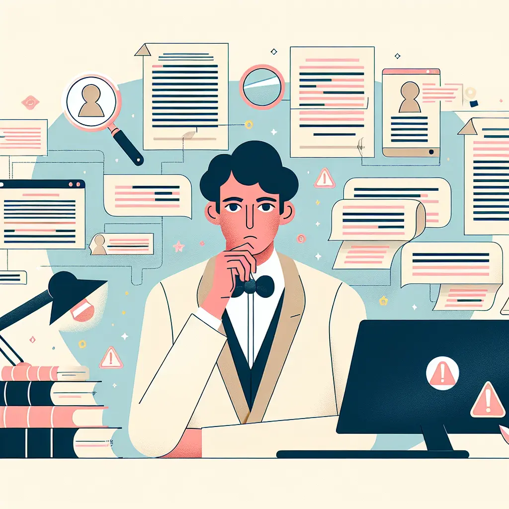 Doktorand umgeben von Dokumenten und digitalen Plagiatsfallen