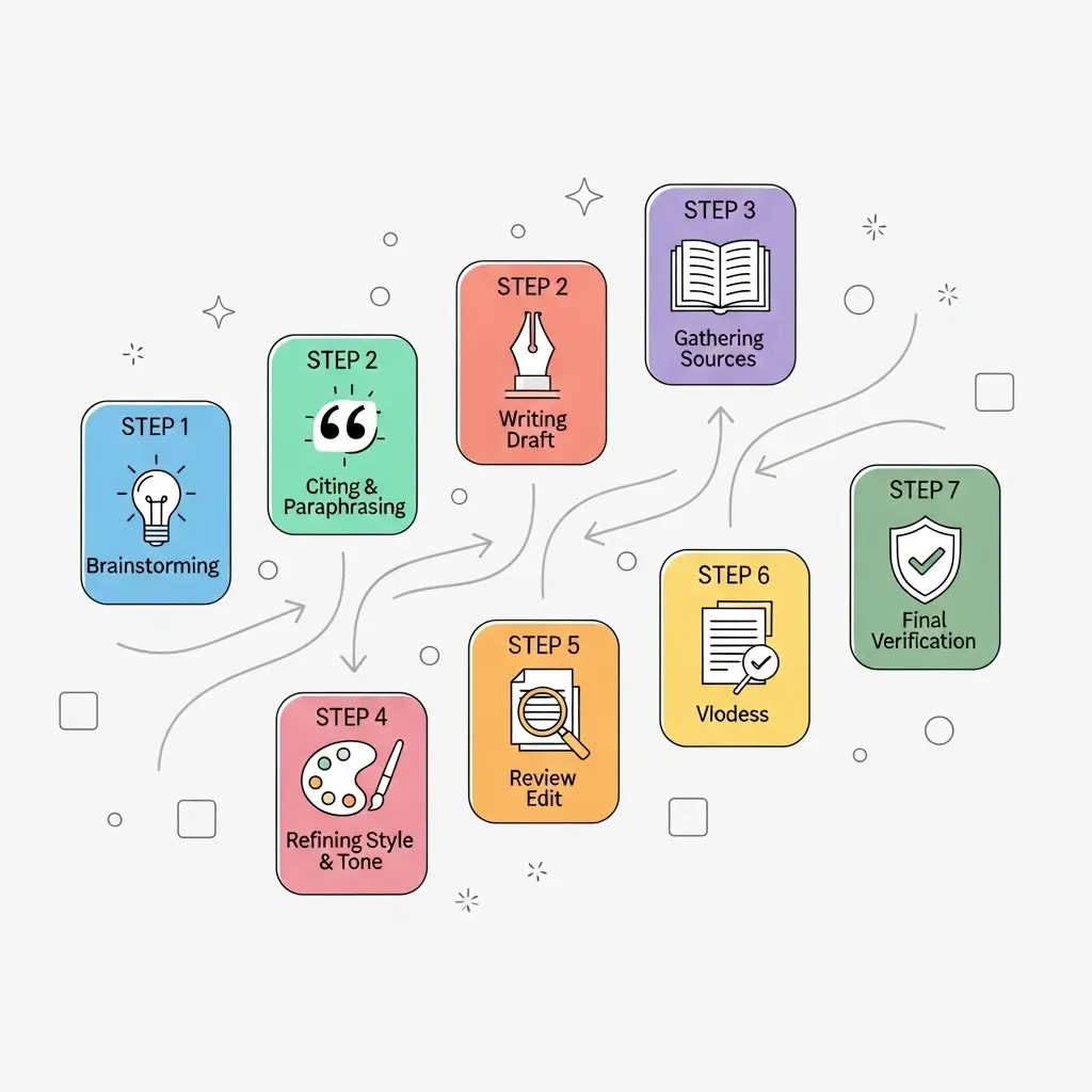 Visualisierung der 7-Schritte-Methode für plagiatsfreies Schreiben mit KI