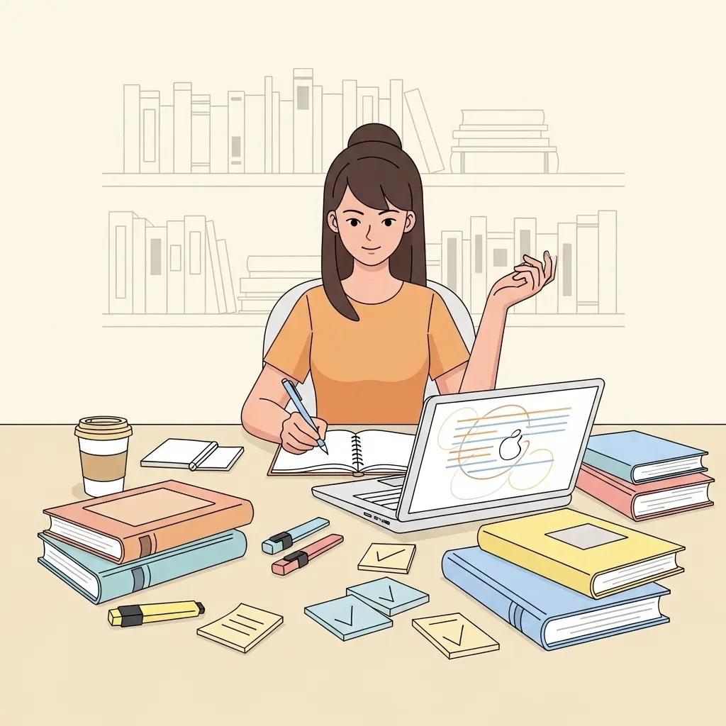 Erfolgreiche Studentin mit Laptop und Büchern beim akademischen Schreiben