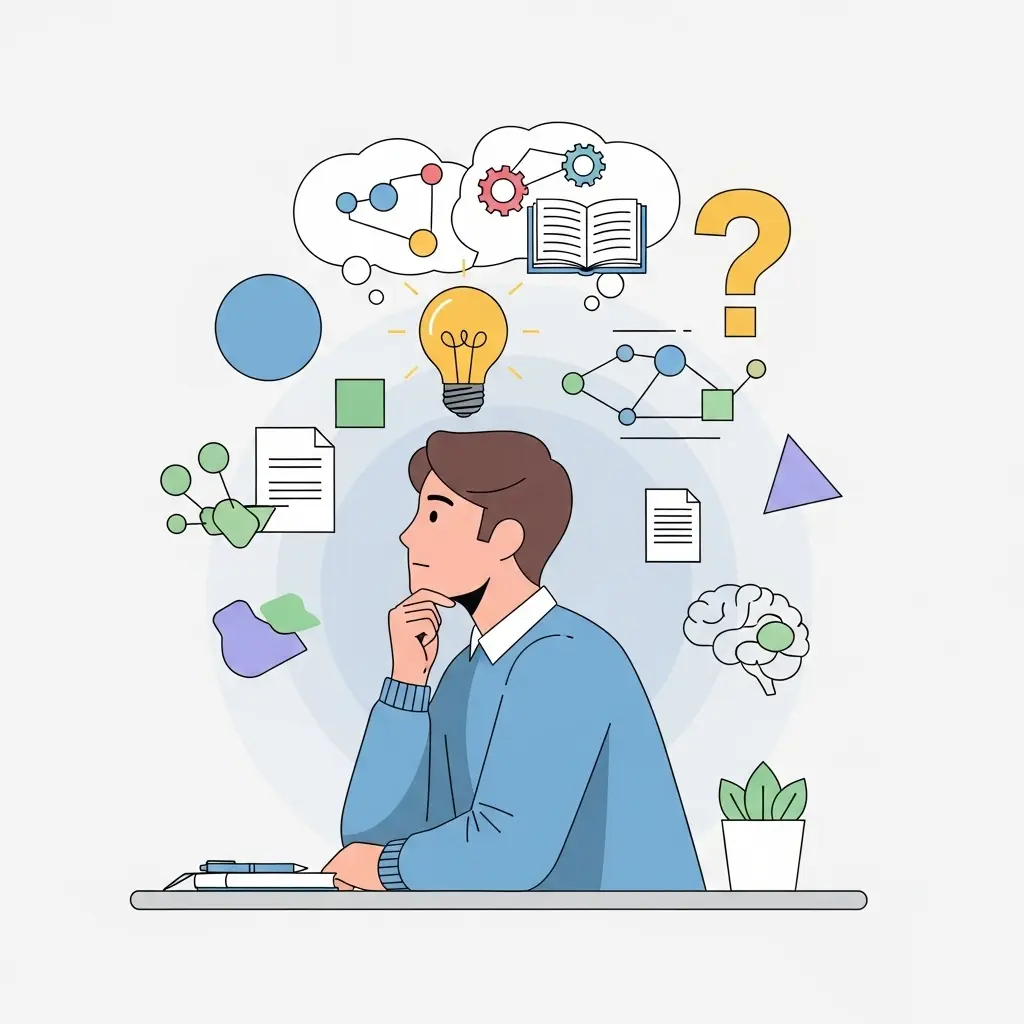 Student beim kreativen Denkprozess mit Ideen-Symbolen