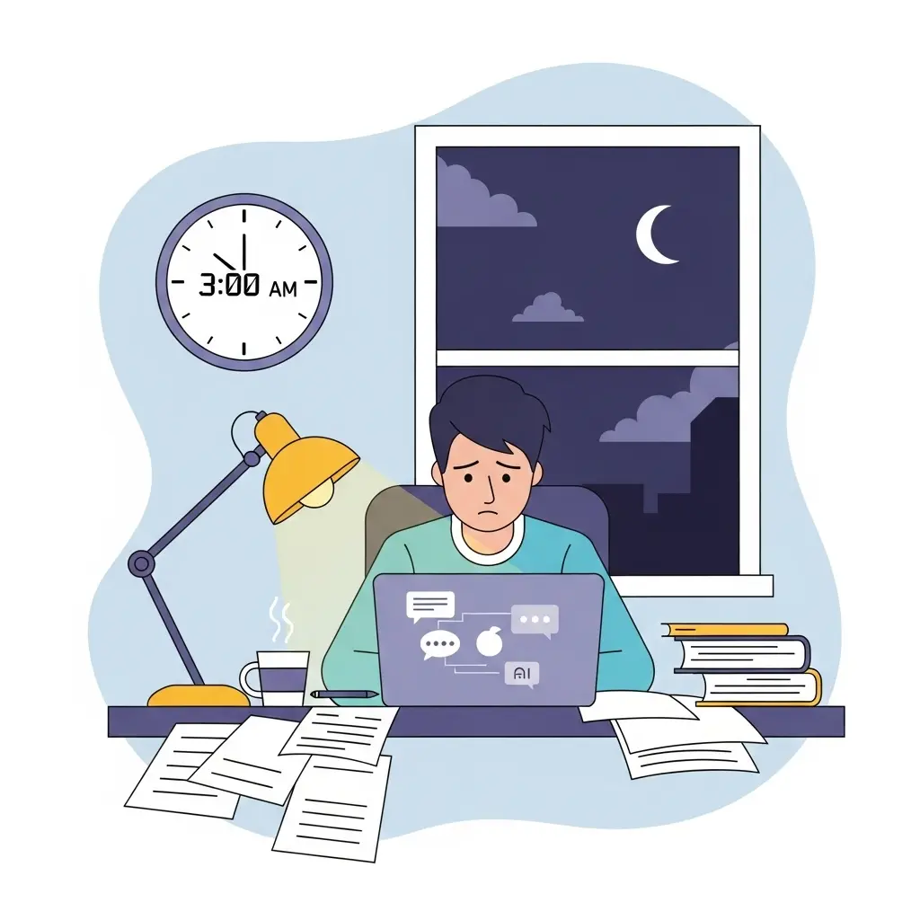 Student arbeitet spät nachts mit KI-Unterstützung am Laptop - zwischen Effizienz und akademischer Integrität