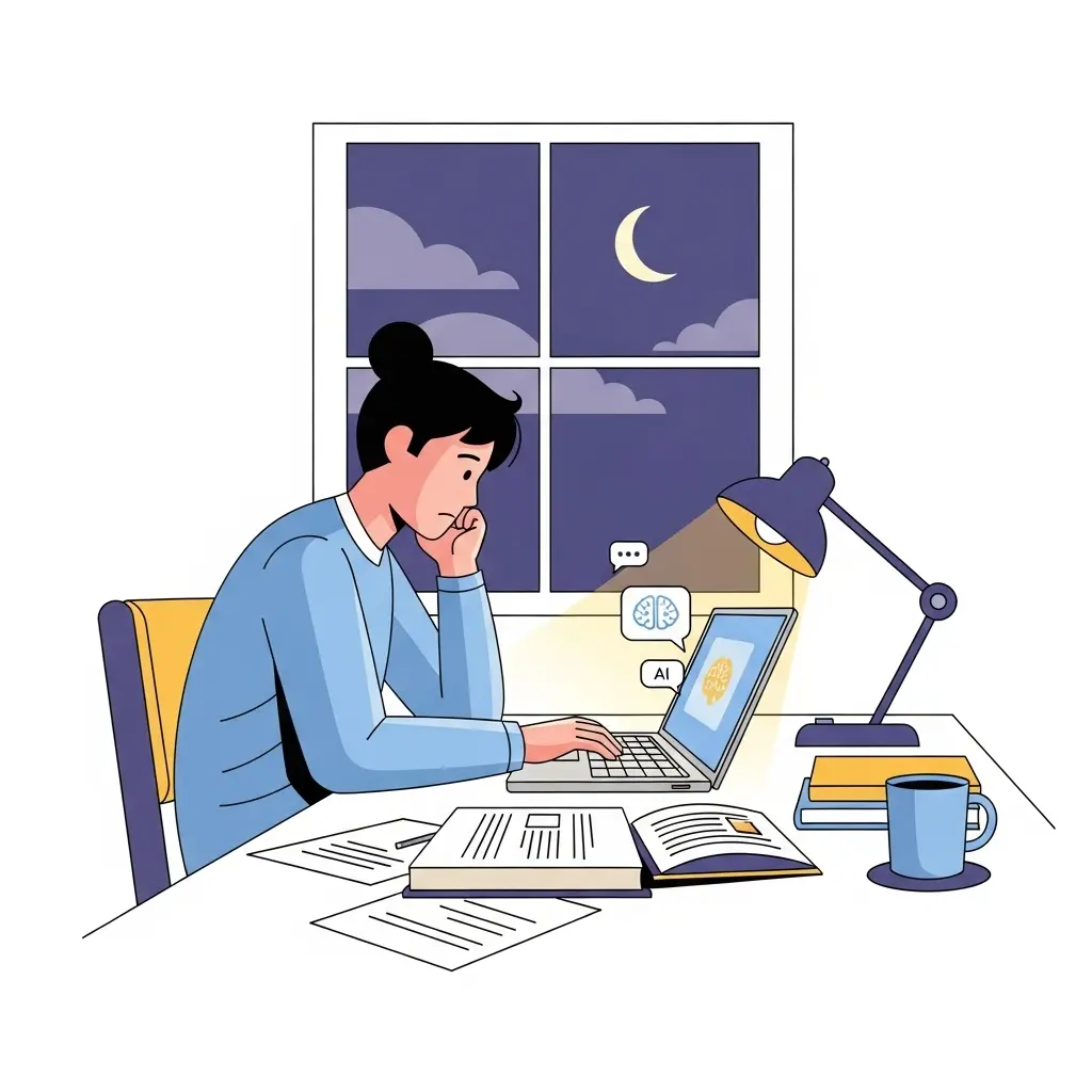 Student arbeitet spät nachts mit Laptop und kämpft mit der Entscheidung, KI-Tools zu nutzen