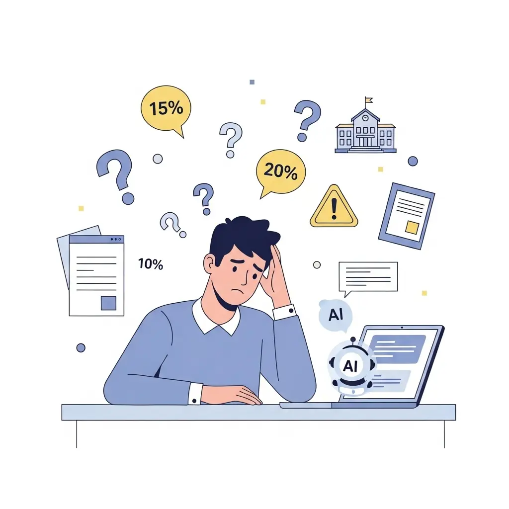 Student am Laptop, umgeben von Prozentsätzen und Fragezeichen, wirkt verwirrt über KI-Regeln