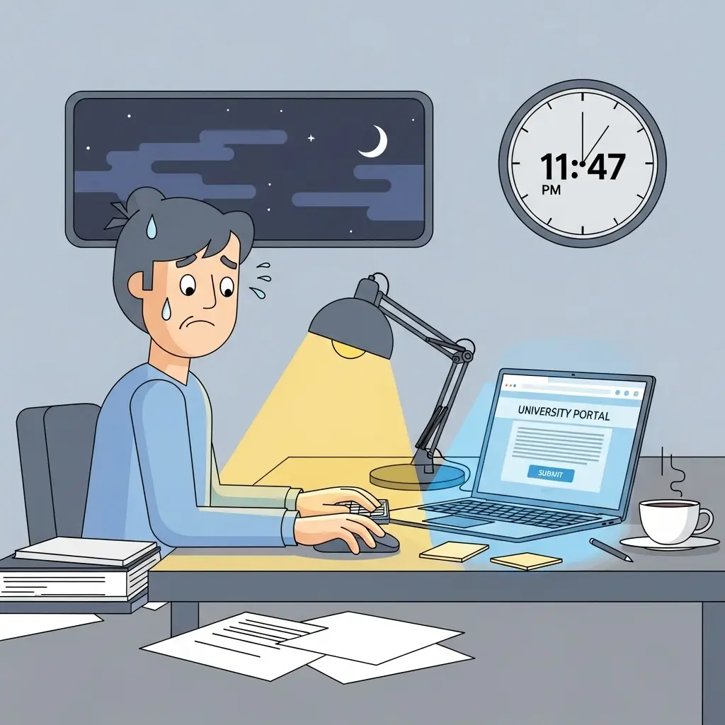 Student vor dem Laptop kurz vor Abgabefrist, zerrissen zwischen Hoffnung und Panik