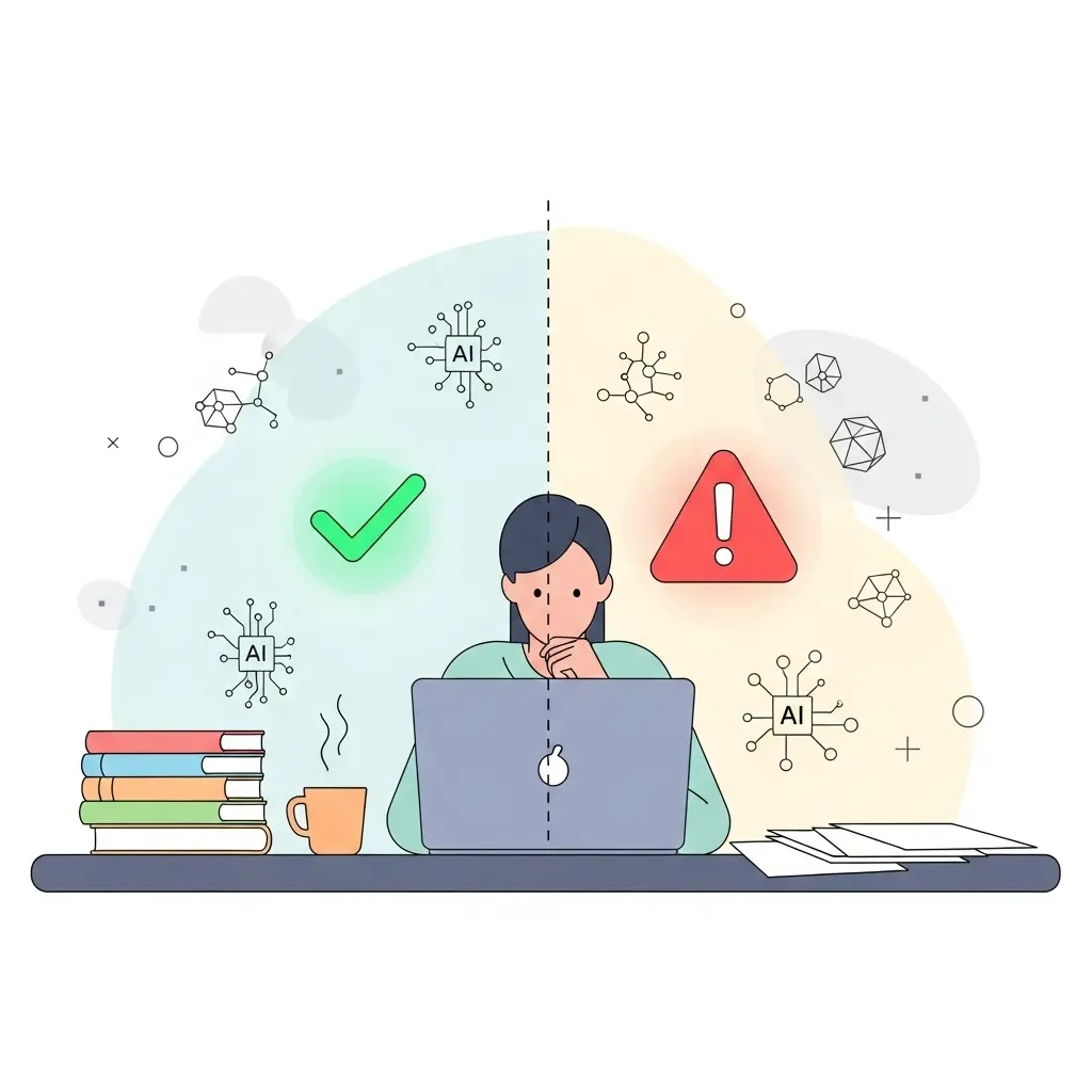 Student am Laptop zwischen Erfolg und Plagiatswarnung