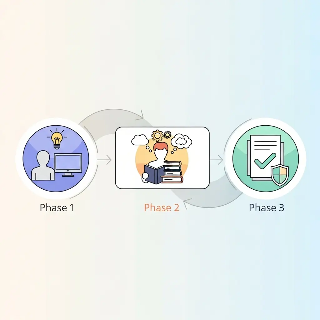 Visualisierung der 3-Phasen-Methode für originelle akademische Texte mit KI