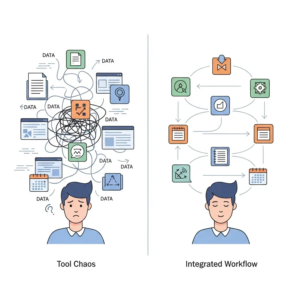 Tool-Chaos versus integrierter Workflow im Vergleich
