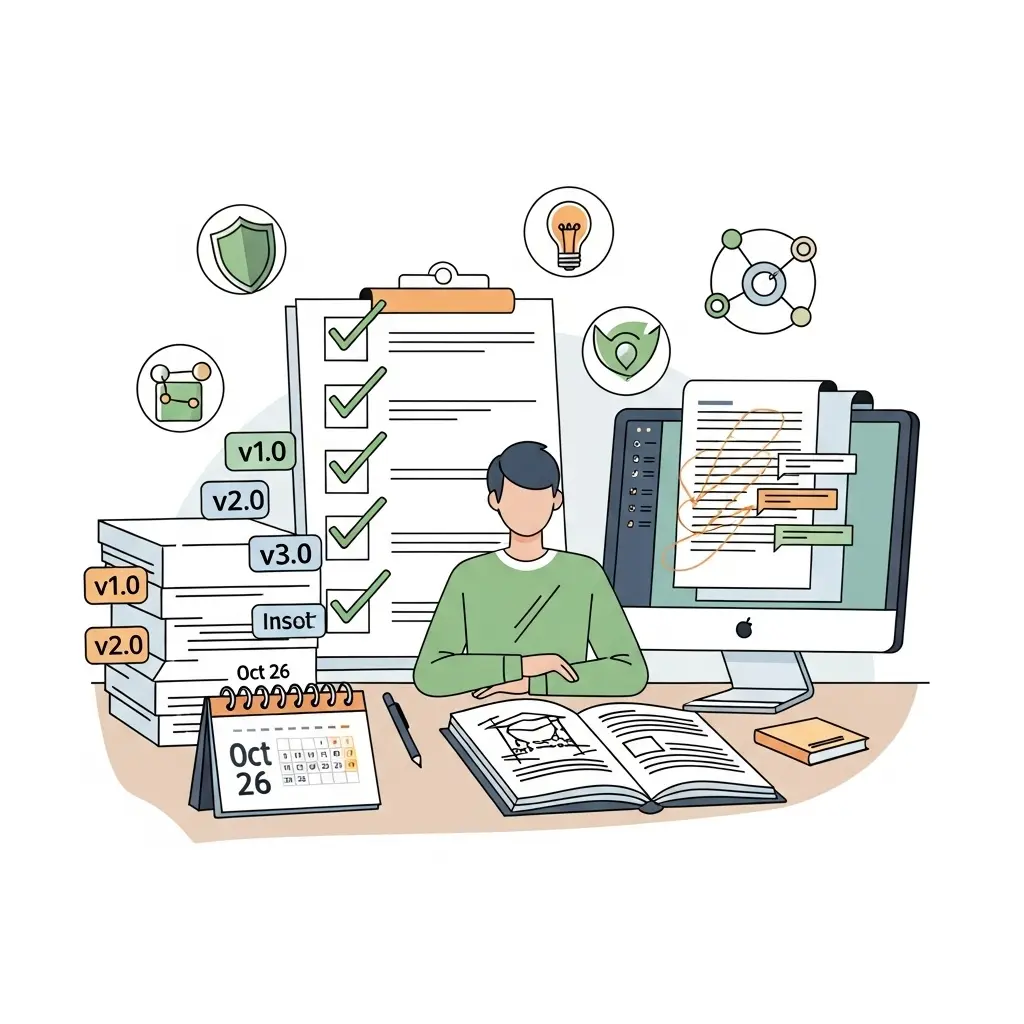 Student am Schreibtisch mit Checkliste, gestapelten Dokumenten, Kalender und Computer – symbolisiert Transparenz und Dokumentation